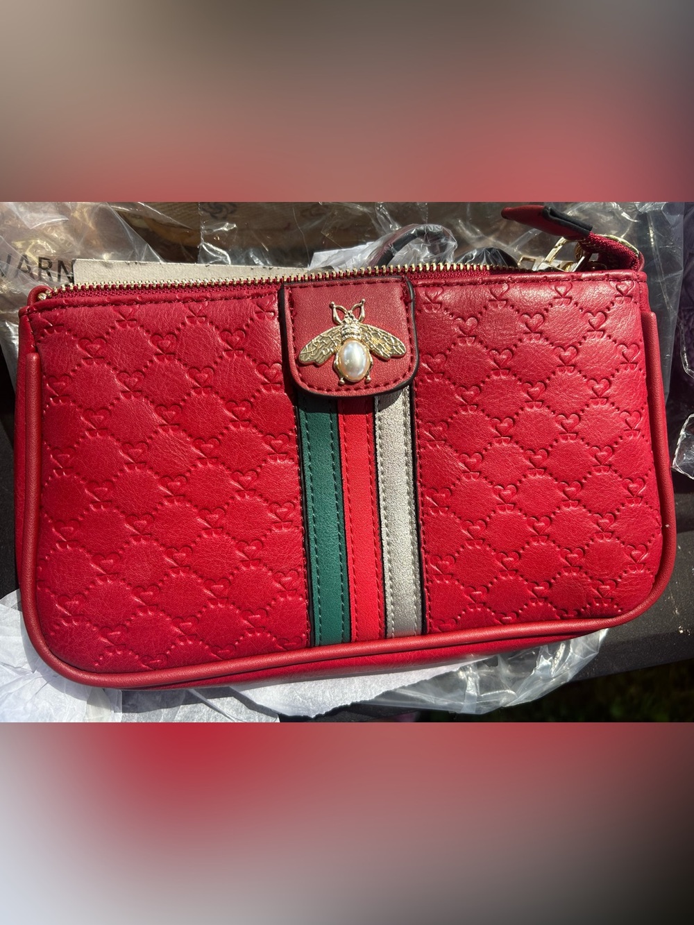 Red Women's Quilted Bee Accent Crossbody Wallet